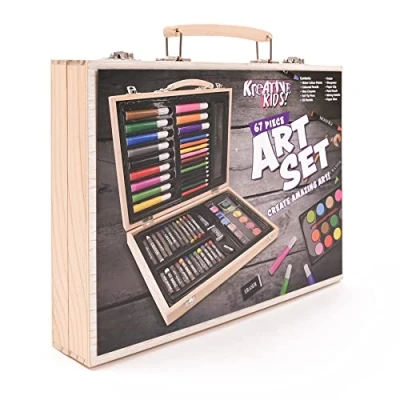Image of KandyToys Kreative Kids 67 Piece Traditional Wooden Art Set Fold Out Box with Pens; Pencils; Crayons