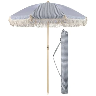 Image of CHRISTOW Portable Garden Parasol with Tilt, 2m Cotton Tassel Beach Umbrella, Outdoor Patio Sunshade, Tilting Canopy, Wood Effect Steel Pole, UV50+ Sun Protection, Water Resistant, Bag (Navy Stripes)