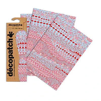 Image of Décopatch Ref C615O Oriental Flowers &amp; Children Pattern Paper Pack Each Sheet 30 x 40cm, of 3 Sheets Best Used With Décopach Glue Varnish, Red Blue