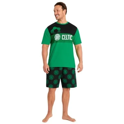 Image of Celtic F.C. Mens Short Pyjamas Set, Breathable Loungewear Gifts (Green/Black, M)