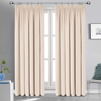 Image of Oxford Homeware Blackout Curtains Bedroom Pencil Pleat Readymade Living Room Window Curtain Tape Top Thermal Insulated Kitchen Curtains+ 2 Tiebacks (Cream, 90&quot; x (228cm 228cm))