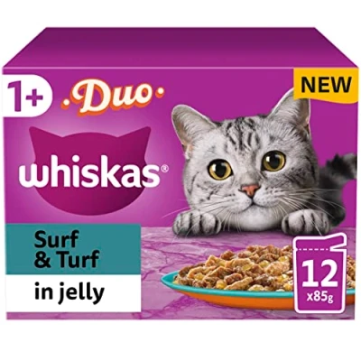 Image of Whiskas Tasty Duo 1+ Surf and Turf in Jelly 48 x 85 g Pouches, Adult Cat Food, Pack of 4 (12 g)