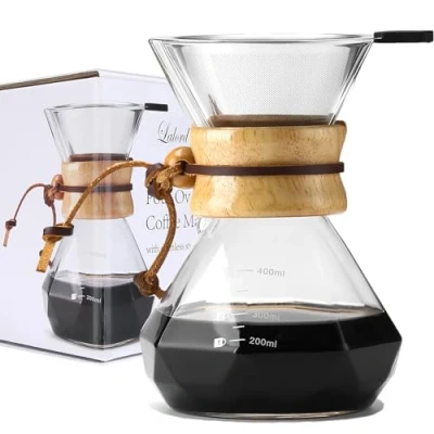 Image of Lalord Pour Over Coffee Maker with Reusable Stainless Steel Filter, 400 ml Borosilicate Glass Carafe, Wooden Collar, Dripper Brewer, Hold 2 Cups