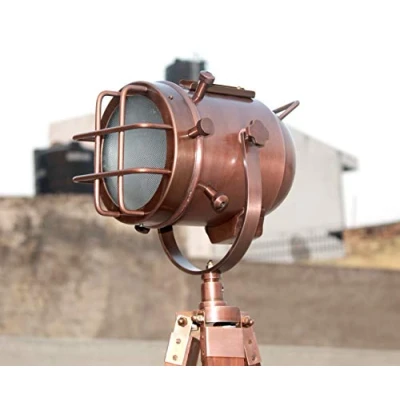 Image of Handmade Copper Antique Floor Lamp with Wooden Tripod Marine Studio Searchlight Decorative Light Christmas &amp; New Year