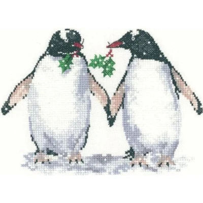 Image of Heritage Crafts 14 count aida Sue Hill Collection Christmas Penguins birds Counted Cross Stitch Kit