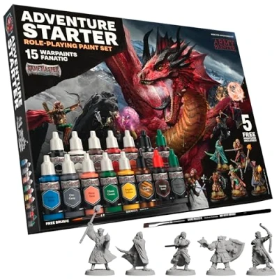 Image of The Army Painter, GameMaster: Adventure Starter Role playing Paint Set Combo, 15 x 18ml Warpaints Fanatic Acrylic paints, incl. a Brush On Primer, 5 FREE Miniatures &amp; 2 Brushes For Warhammer Dnd