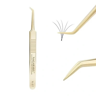 Image of NAGARAKU Tweezers for Eyelash Extensions Gold Curved Volume Cluster Super Light Weight Easy Fanning Premade Fans Stainless Steel Precision (N 07)