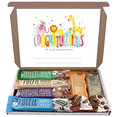 Image of Fulfil Protein Bars &amp; Vitamins Chocolate 6x60g Gift Box Hamper Snack Low Sugar Carbs Fulfill Bar (Congratulation)