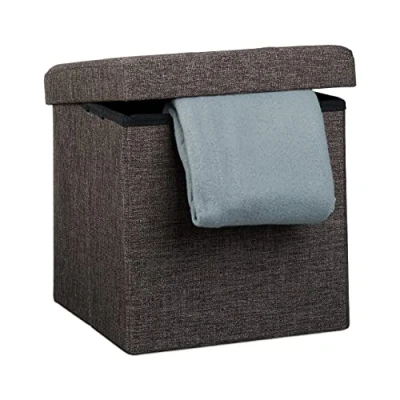 Image of Relaxdays Folding Ottoman 38 x cm Storage Chair, Footstool Pouf Box Cube, Removable Lid, Brown