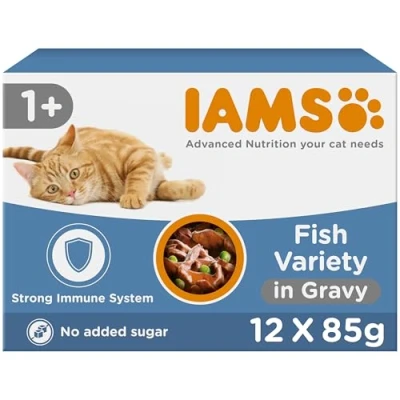 Image of IAMS Delights Complete Wet Cat Food for Adult 1+ Cats Fish Variety in Gravy Multipack 12 x 85 g Pouches