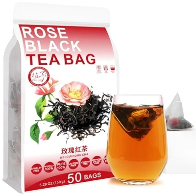 Image of Plant Gift Rose Black Tea Bag 5.29oz (3g*50bags) Tea, Double Rose, Chinese Pure Nature, Health Care Mixed Combination of Floral 150g 玫瑰红茶