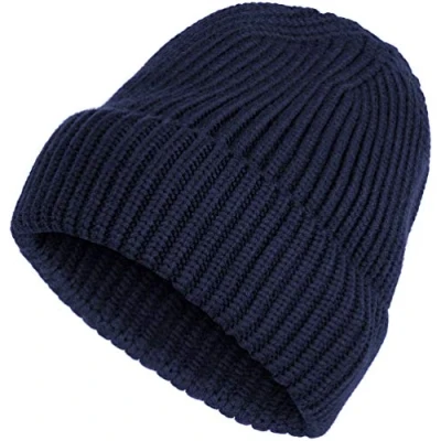 Image of styleBREAKER Unisex fine Knit Beanie hat with Brim, Warm Winter hat, Solid Color, Ribbed Pattern 04024154, Colour:Dark Blue