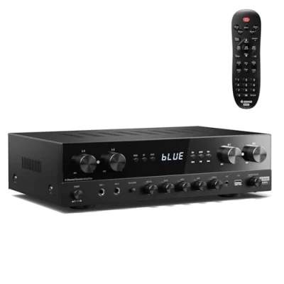 Image of Donner Stereo Receivers Home Audio Amplifier, Premium 1000W Max Power 4 Channel Amplifier with Bluetooth 5.0, USB, FM, 2 Mic in, Echo, RCA, Fiber/Coaxial Input for Home, Karaoke, Theater Speakers