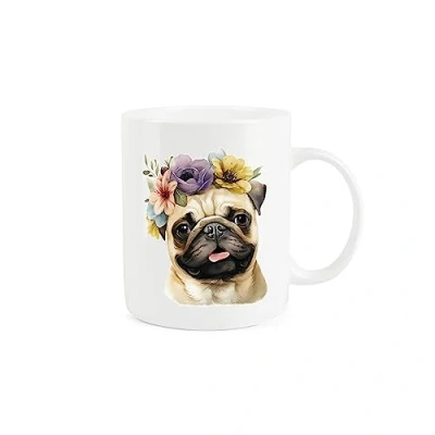 Image of Purely Home Pug Dog Mug Flower Crown Animal Gift/Present Tea Coffee White Bone China