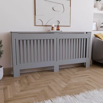 Image of Vida Designs Chelsea Radiator Cover Modern Slatted Grill Slats Grey Painted MDF Cabinet, Extra Large (H: 82 / W: 172 D: 19 cm)