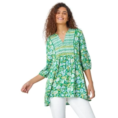 Image of Roman Originals Summer Top for Women UK Ladies Swing Tunic A Line Blouse Ladder Trim Shirt Spring Casual Smart Holiday Party Beach Cruise Gathered Waist Loose Work Green White Yellow Size 10