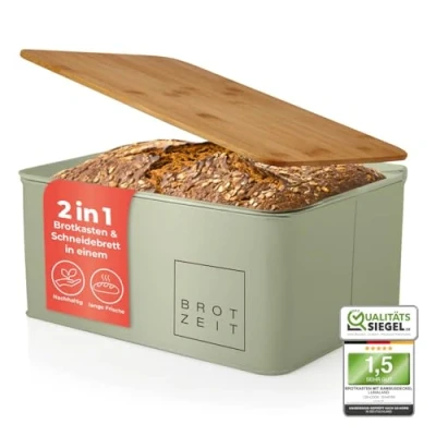 Image of Lumaland Cuisine Bread Bin with Bamboo Lid 30.5 x 23.5 14 cm Metal Box Tin Pastries Loaf Storage Rectangular Cutting Board Stays Longer Fresh Mint Green