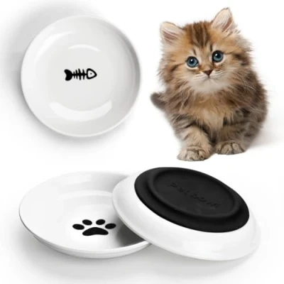 Image of Quyimy Ceramic Cat Bowls, 3Pcs Food Bowl Shallow with Non Slip Silicone Bottom, Kitten Pet Bowls Water Bowl, 15cm Diameter