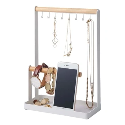 Image of Yamazaki 2311 TOSCA Accessory Stand, White, Steel/Wood, Minimalist Design, 20 x 10.5 28.5 cm (LxWxH)