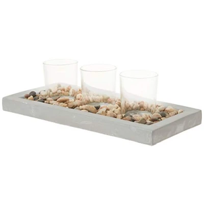 Image of Briarwood Stonebriar Decorative Votive Tray with Rustic Cement Tray, Natural Pebbles, and 3 Clear Glass Candle Holders