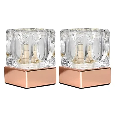 Image of Pair of Modern Glass Ice Cube Bedside Touch Table Lamps with a Copper Base Complete 3w LED Dimmable G9 Bulbs [6000K Cool White]