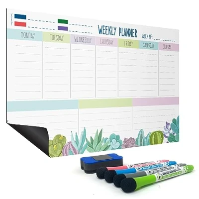 Image of Joeji&#039;s Kitchen Magnetic Weekly Planner Whiteboard Organiser Easy Attach to Fridge Family Calendar Meal Plan Chores Board 4 Markers with Erasers