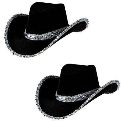 Image of 2 x Adult Ladies Black Sequin Texan Cowboy Hats : Wild West Cowgirl Hen Night Fancy Dress Accessory