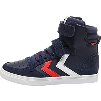 Image of Hummel Unisex Kid&#039;s Slimmer Stadil Leather High Jr Hi Top Trainers, Blue Peacoat, 8.5 UK Child