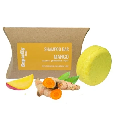 Image of Solid Shampoo Bar by Superfly Soap. SLS and soap free, vegan friendly zero plastic. 97.5% naturally derived ingredients. Mango with Turmeric for normal hair. 55g Handmade.