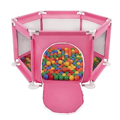 Image of Selonis Hexagon 6 Side Play Pen with 200 Balls, Pink:Yellow/Green/Blue/Red/Orange