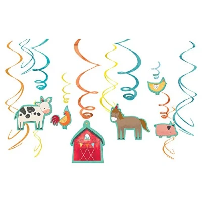 Image of Amscan 672172 Barnyard Baby Birthday Party Hanging Swirls Decorations 12 Pack