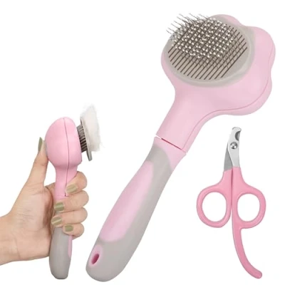 Image of Belle Vous Pink Pet Grooming Set Self Cleaning Shedding Brush and Nail Clippers for Long/Short Haired Cats &amp; Dogs Removes Loose Undercoat/Tangles