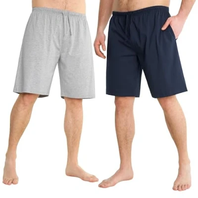 Image of Mens Pyjama Shorts Comfy Lounge with Pockets Pack of 2 (L, Navy/Grey)