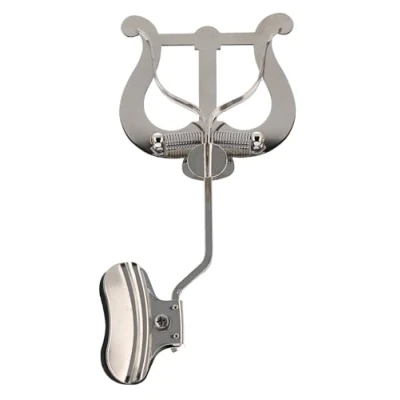 Image of GEWA Marching Music Holder Trombone Nickel Plated Large Lyra 2 Pushers With Clamp for Bell Attachment