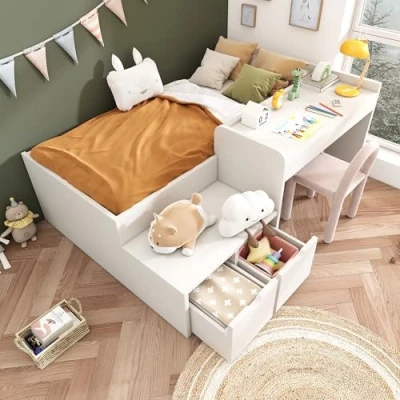 Image of Merax Kids Single Bed with Desk and 2 Drawers, 3FT Wooden Storage, Slatted Frame, Lying Surface for Teenagers &amp; Adults, White, 90x190 cm (No Mattress)