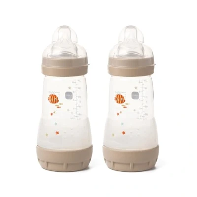 Image of MAM Easy Start Self Sterilising Anti Colic Baby Bottle Pack of 2 (2 x 260 ml), Bottles with Medium Flow Teats Size 2, Newborn Essentials, Shell (Designs May Vary)
