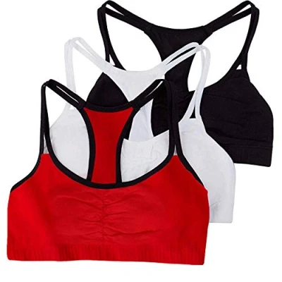 Image of Fruit of the Loom Women&#039;s Spaghetti Strap Cotton Pull Over 3 Pack Sports Bra in Fashion Colors, Opaque, Red Hot with Black/White/Black Hue, 34 (Pack 3)
