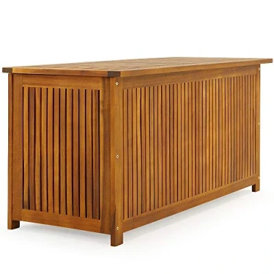 Image of CASARIA® Wooden Garden Storage Box With Lid Outdoor Waterproof 115cm Pre Oiled Acacia Wood Inner Tarpaulin Chest For Cushions Pillows Terrace