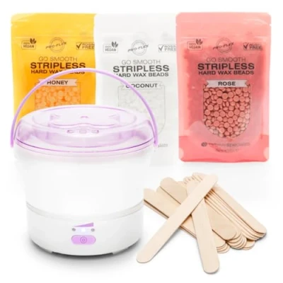 Image of Rio Go Smooth Hard Wax Heater includes 3 x 100g bags of Stripless Beads: Rose, Honey &amp; Coconut.