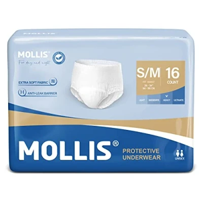 Image of MOLLIS Incontinence Pants Women &amp; Men, Adult Pull Up Pants, Unisex Disposable Protective Underwear, High Absorbency, Odor Control, Small/Medium (1 Packs of 16)