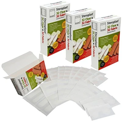 Image of Steroplast Premium 64 Assorted Clear + Fabric Wound Injury Plasters (32 32 Fabric) 3 Boxes