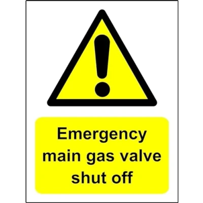 Image of Emergency Main Gas Valve Shut Off Sign 1.2mm Rigid Plastic 300mm x 200mm Case (Pack of 2)