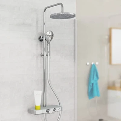 Image of EISL DX1105CST Futura Wellness System with Thermostat Glass Shelf, Panel, Complete Set (Rain Wall Bracket, Column, Shower Fitting) Grey Chrome