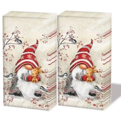 Image of 20 Individual Handkerchiefs Christmas Cute Gnome with Rabbit 2 Packs of 10 Paper Printed as Gift