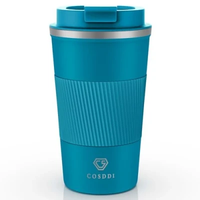 Image of CS COSDDI Travel Mugs, Insulated Coffee Cup with Leakproof Lid Reusable Cups Car Stainless Steel Mug for Hot and Cold Water Tea (Blue A, 510 ml)