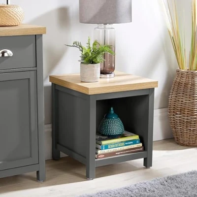 Image of Home Source Occasional End Lamp Table, 1 Shelf, Oak Effect, Dark Grey, MDF, 45cm