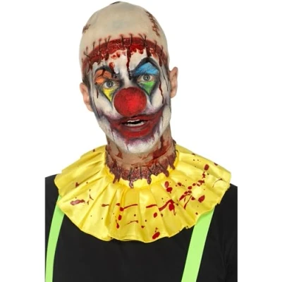 Image of Smiffys Latex Creepy Clown Instant Kit, Yellow Bald Cap &amp; Neck Ruffle with Slashed Wound, Halloween Cirque Sinister Fancy Dress, Dress Up Accessories