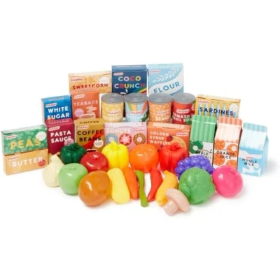 Image of Casdon Grocery Set. Family Favourites Toy Set for Children Aged 2+. Features Fruits, Vegetables, Cans and More
