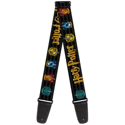 Image of Buckle Down Guitar Strap HARRY POTTER Hufflepuff/Ravenclaw/Gryffindor/Slytherin Coat of Arms Black 2&quot; Wide 29 54&quot; Length
