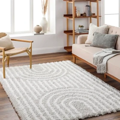 Image of Surya Kalba Modern Area Rugs Living Room, Soft Shaggy for Bedroom Abstract Berber Fluffy Rug, Easy Care Plush Thick Pile Large Rug 160x220cm Grey